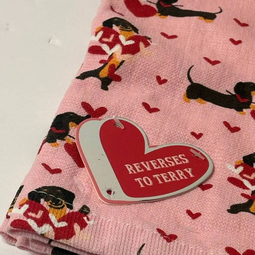 Luxe Pink Dachshund Heart Kitchen Towels 2 Pack 100 Cotton Reversible Terry NEW